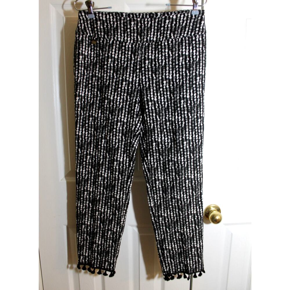 Lisette L Montreal Black Print Ankle Pants w/ Fringe Trim sz 6 US
